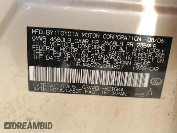 2007 Lexus ES 330 with VIN JTHBJ46G272044807, listed as a Copart auction lot 46133855 with Not Provided miles and Non Repairable. Bid and sale history available at DreamBid. Image 12.