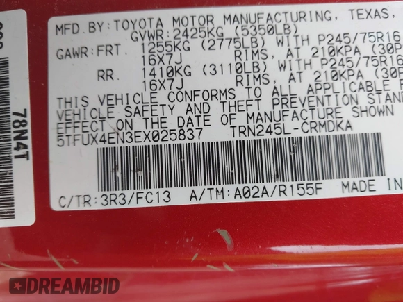 2014 Toyota Tacoma with VIN 5TFUX4EN3EX025837, listed as a IAAI auction lot 42430882 with 234,809 mi miles and . Bid and sale history available at DreamBid. Image 9.