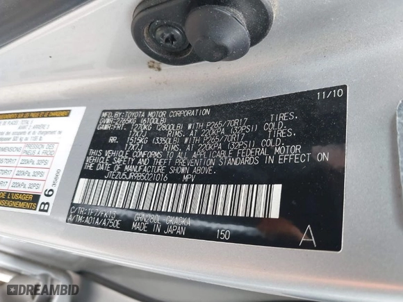 2011 Toyota 4Runner SR5 with VIN JTEZU5JR9B5021016, listed as a IAAI auction lot 41844799 with 155,361 mi miles. Bid and sale history available at carsss.com. Image 9.