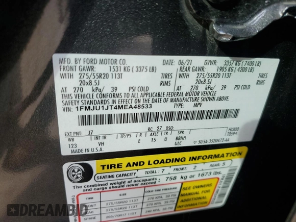 2021 Ford Expedition XLT with VIN 1FMJU1JT4MEA48533, listed as a Copart auction lot 42278425 with 65,722 mi miles and Salvage Title. Bid and sale history available at carsss.com. Image 14.