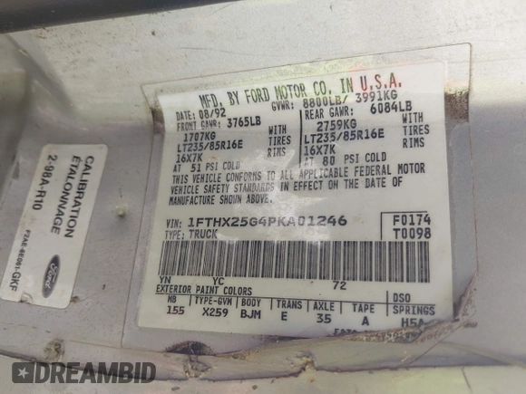 1993 Ford F-250 с VIN 1FTHX25G4PKA01246, выставлен на аукционе IAAI как лот 42497407 с пробегом 296 039 миль миль и . История ставок и продаж доступна на DreamBid. Изображение 9.