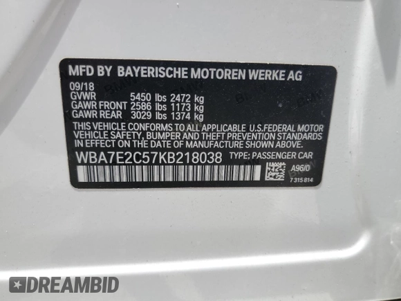 2019 BMW 7 Series 740i with VIN WBA7E2C57KB218038, listed as a Copart auction lot 77892043 with 51,471 mi miles. Bid and sale history available at carsss.com. Image 14.