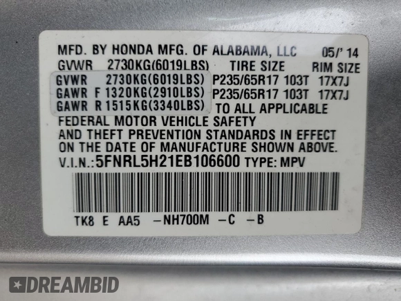 2014 Honda Odyssey LX z VIN 5FNRL5H21EB106600, wystawiony jako Copart lot #57875765 z przebiegiem 122 159 mil mil oraz Szkoda całkowita • Salvage title. Historia ofert i sprzedaży dostępna na DreamBid. Obrazek 13.