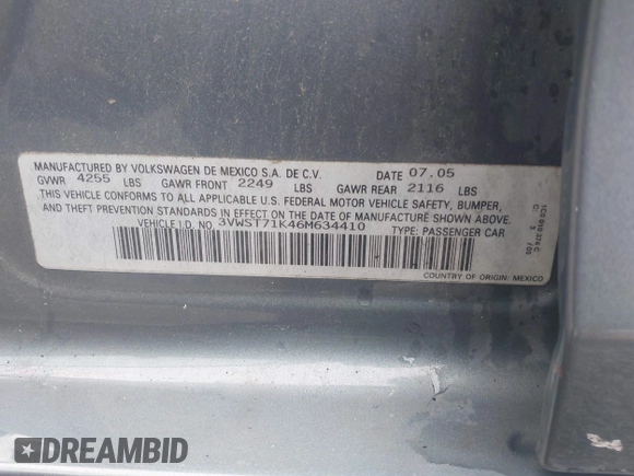 2006 Volkswagen Jetta 1.9L TDI with VIN 3VWST71K46M634410, listed as a IAAI auction lot 42333489 with 314,131 mi miles and . Bid and sale history available at DreamBid. Image 9.