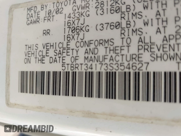 2003 Toyota Tundra SR5 with VIN 5TBRT34173S354627, listed as a IAAI auction lot 41457159 with 162,341 mi miles and . Bid and sale history available at DreamBid. Image 9.
