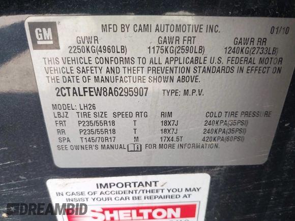 2010 GMC Terrain SLT-1 with VIN 2CTALFEW8A6295907, listed as a IAAI auction lot 42103432 with 274,443 mi miles and . Bid and sale history available at carsss.com. Image 9.