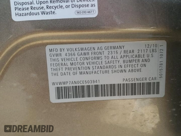 2012 Volkswagen CC Sport PZEV with VIN WVWMP7AN0CE503941, listed as a Copart auction lot 50897895 with 83,030 mi miles and Salvage Title. Bid and sale history available at carsss.com. Image 15.