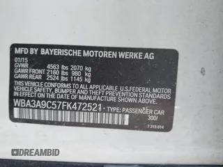 2015 BMW 3 Series 335i with VIN WBA3A9C57FK472521, listed as a IAAI auction lot 42672174 with Not provided miles and . Bid and sale history available at DreamBid. Image 9.