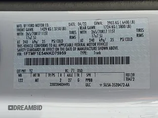 2022 Ford F-150 XL with VIN 1FTMF1E54NKD75959, listed as a Copart auction lot 37162664 with 56,564 mi miles and Salvage Title. Bid and sale history available at DreamBid. Image 14.