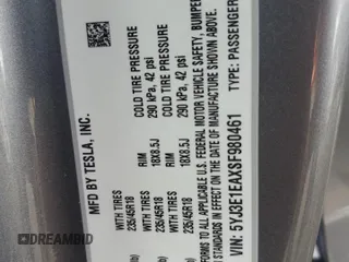 2025 Tesla Model 3 Long Range with VIN 5YJ3E1EAXSF980461, listed as a Copart auction lot 51093215 with 225 mi miles and Salvage title. Bid and sale history available at DreamBid. Image 14.