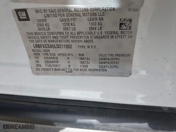 2020 Buick Envision Essence with VIN LRBFXCSA6LD211082, listed as a IAAI auction lot 41478252 with 47,162 mi miles. Bid and sale history available at carsss.com. Image 9.