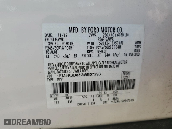2016 Ford Explorer XLT with VIN 1FM5K8D83GGB57596, listed as a Copart auction lot 54983325 with 119,575 mi miles and Salvage Title. Bid and sale history available at DreamBid. Image 13.