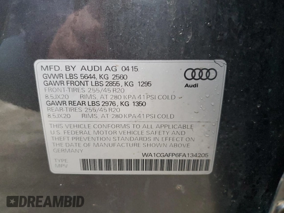 2015 Audi SQ5 Premium Plus with VIN WA1CGAFP6FA134205, listed as a Copart auction lot 40572984 with 90,051 mi miles. Bid and sale history available at carsss.com. Image 15.