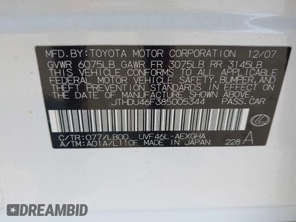 2008 Lexus LS 600h L with VIN JTHDU46F385005344, listed as a IAAI auction lot 42415220 with 109,971 mi miles and . Bid and sale history available at DreamBid. Image 9.