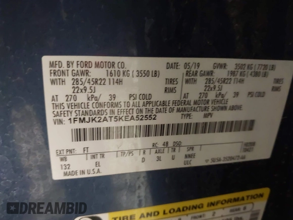 2019 Ford Expedition Max Limited with VIN 1FMJK2AT5KEA52552, listed as a IAAI auction lot 41489427 with 105,336 mi miles and . Bid and sale history available at DreamBid. Image 9.