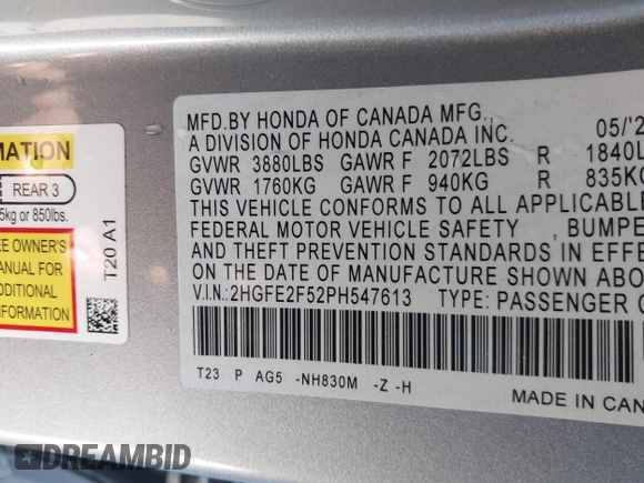 2023 Honda Civic Sedan Sport with VIN 2HGFE2F52PH547613, listed as a IAAI auction lot 41129333 with 39,121 mi miles. Bid and sale history available at carsss.com. Image 9.
