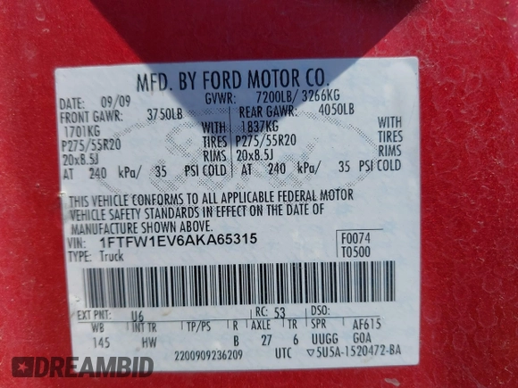 2010 Ford F-150 XL with VIN 1FTFW1EV6AKA65315, listed as a IAAI auction lot 40205081 with 222,866 mi miles. Bid and sale history available at carsss.com. Image 9.