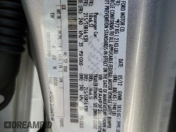 2012 Ford Focus SE with VIN 1FAHP3F28CL409784, listed as a Copart auction lot 54157155 with 178,460 mi miles and Salvage Title. Bid and sale history available at carsss.com. Image 12.