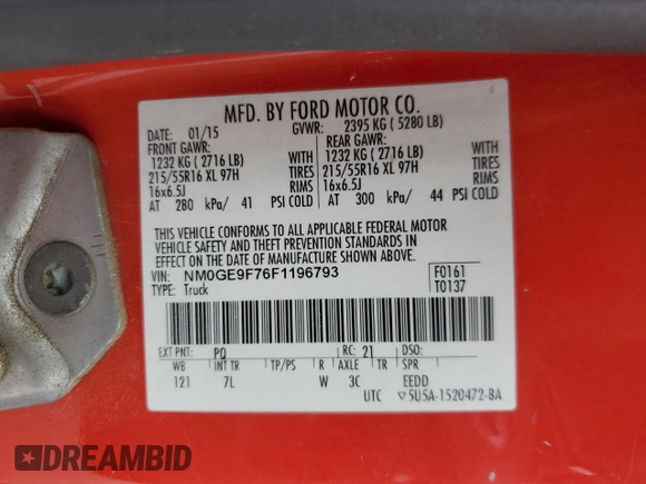2015 Ford Transit Connect XLT with VIN NM0GE9F76F1196793, listed as a Copart auction lot 58938855 with 204,869 mi miles and Clean title. Bid and sale history available at DreamBid. Image 13.