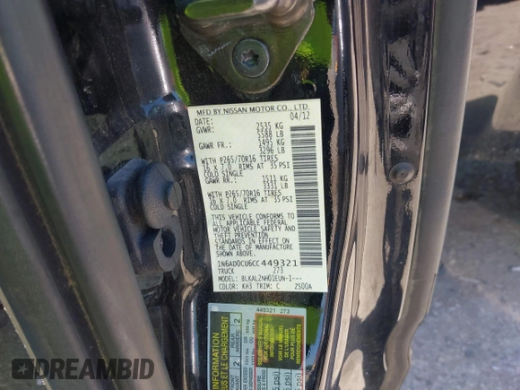 2012 Nissan Frontier SV с VIN 1N6AD0CU6CC449321, выставлен на аукционе IAAI как лот 42516095 с пробегом 104 506 миль миль и . История ставок и продаж доступна на DreamBid. Изображение 9.