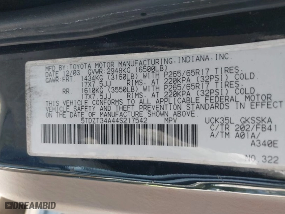 2004 Toyota Sequoia SR5 with VIN 5TDZT34A44S217542, listed as a IAAI auction lot 42021784 with 258,459 mi miles. Bid and sale history available at carsss.com. Image 9.