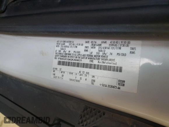 2016 Ford Transit XL with VIN 1FBAX2CG4GKA84931, listed as a Copart auction lot 79837404 with 131,368 mi miles and Salvage title. Bid and sale history available at DreamBid. Image 14.