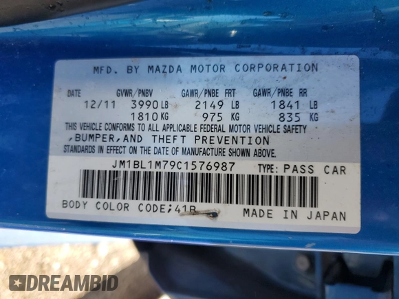 2012 Mazda 3 i Grand Touring with VIN JM1BL1M79C1576987, listed as a Copart auction lot 83452574 with 192,510 mi miles and Salvage Title. Bid and sale history available at DreamBid. Image 12.