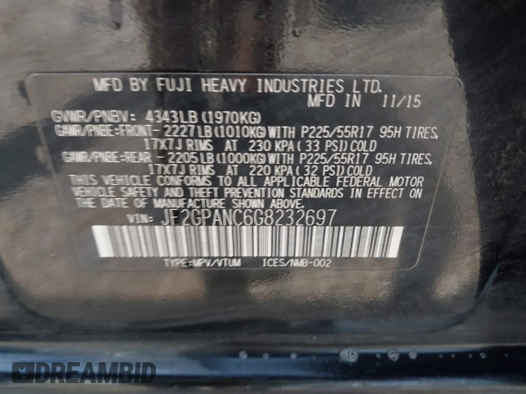 2016 Subaru Crosstrek Limited with VIN JF2GPANC6G8232697, listed as a IAAI auction lot 42626388 with 108,061 mi miles and . Bid and sale history available at DreamBid. Image 9.