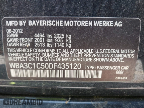 2013 BMW 3 Series 328i with VIN WBA3C1C50DF435120, listed as a IAAI auction lot 42132086 with 137,588 mi miles and . Bid and sale history available at carsss.com. Image 9.