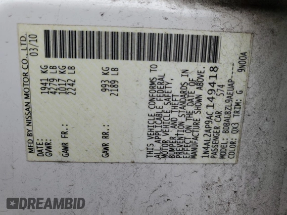 2010 Nissan Altima 2.5 S with VIN 1N4AL2AP9AC149418, listed as a Copart auction lot 51119435 with 0 mi miles and Salvage Title. Bid and sale history available at carsss.com. Image 15.