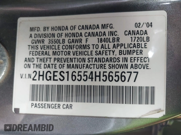2004 Honda Civic LX with VIN 2HGES16554H565677, listed as a IAAI auction lot 41777886 with 482,212 mi miles and . Bid and sale history available at DreamBid. Image 9.