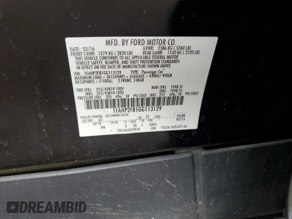 2016 Ford Taurus Limited with VIN 1FAHP2F81GG113129, listed as a Copart auction lot 55770045 with 104,778 mi miles and Salvage title. Bid and sale history available at DreamBid. Image 12.