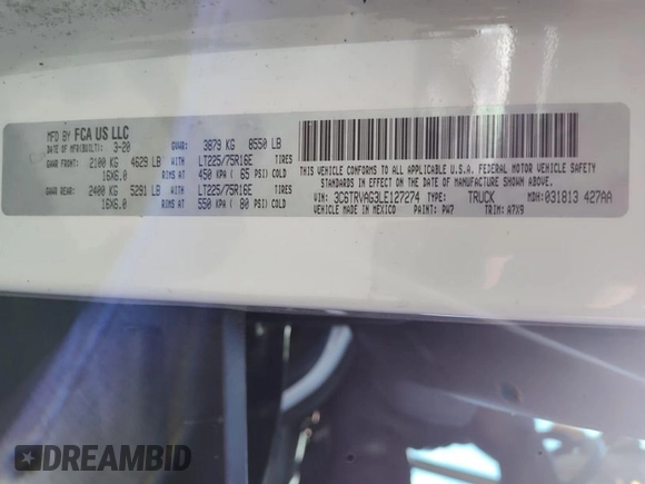 2020 Ram ProMaster Cargo with VIN 3C6TRVAG3LE127274, listed as a IAAI auction lot 42109609 with 91,098 mi miles and . Bid and sale history available at DreamBid. Image 1.