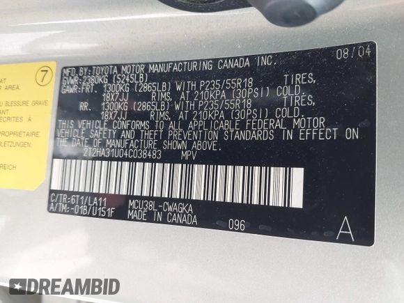 2004 Lexus RX 330 with VIN 2T2HA31U04C038483, listed as a IAAI auction lot 42025073 with 128,047 mi miles. Bid and sale history available at carsss.com. Image 9.