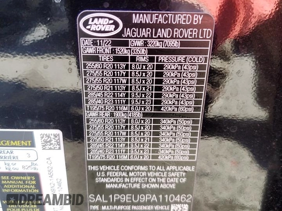 2023 Land Rover Range Rover Sport SE with VIN SAL1P9EU9PA110462, listed as a Copart auction lot 43116984 with 17,497 mi miles and . Bid and sale history available at DreamBid. Image 12.