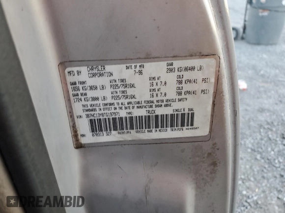 1996 Dodge 1500 z VIN 3B7HC13Y8TG197971, wystawiony jako Copart lot #82565154 z przebiegiem 248 833 mil mil oraz Szkoda całkowita • Salvage title. Historia ofert i sprzedaży dostępna na DreamBid. Obrazek 14.