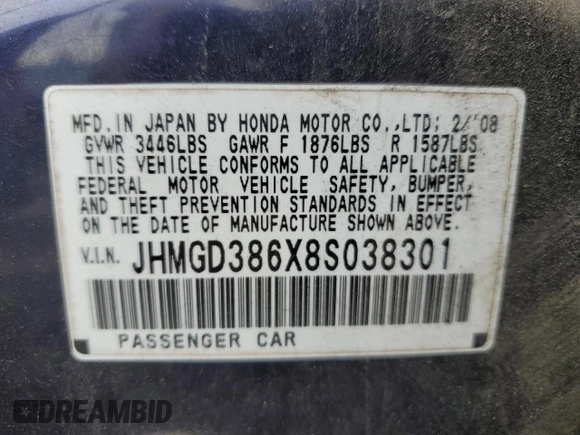 2008 Honda Fit Sport z VIN JHMGD386X8S038301, wystawiony jako Copart lot #56425215 z przebiegiem 131 050 mil mil oraz Szkoda całkowita • Salvage title. Historia ofert i sprzedaży dostępna na DreamBid. Obrazek 12.