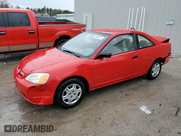 2001 Honda Civic LX with VIN 1HGEM215X1L107638, listed as a Copart auction lot 80860374 with 281,478 mi miles and Non Repairable. Bid and sale history available at carsss.com. Image 1.