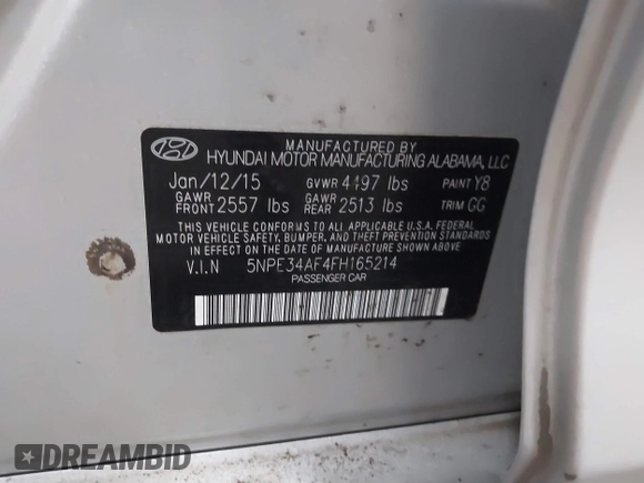 2015 Hyundai Sonata Limited with VIN 5NPE34AF4FH165214, listed as a IAAI auction lot 41738497 with 127,132 mi miles and . Bid and sale history available at carsss.com. Image 9.