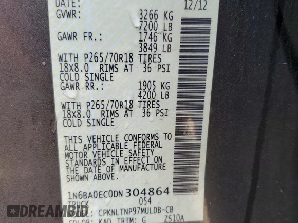 2013 Nissan Titan SL with VIN 1N6BA0EC0DN304864, listed as a Copart auction lot 42693215 with 126,047 mi miles and Salvage Title. Bid and sale history available at DreamBid. Image 12.