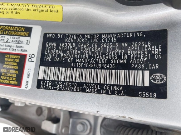 2015 Toyota Camry XLE with VIN 4T1BF1FK9FU916436, listed as a IAAI auction lot 41542827 with 216,725 mi miles. Bid and sale history available at carsss.com. Image 9.