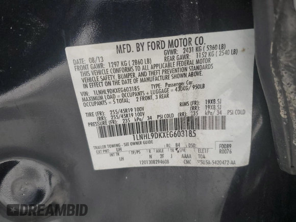 2014 Lincoln MKS with VIN 1LNHL9DKXEG603185, listed as a Copart auction lot 88228605 with 125,055 mi miles and Clean Title. Bid and sale history available at DreamBid. Image 14.