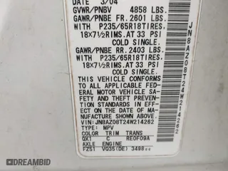 2004 Nissan Murano SL with VIN JN8AZ08T24W214262, listed as a IAAI auction lot 40099751 with 134,429 mi miles. Bid and sale history available at carsss.com. Image 9.