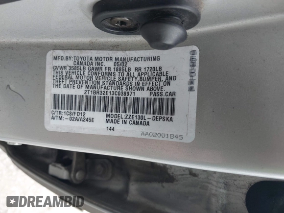 2003 Toyota Corolla CE with VIN 2T1BR32E13C038971, listed as a IAAI auction lot 42027458 with 227,808 mi miles and . Bid and sale history available at DreamBid. Image 9.