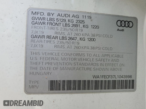 2020 Audi Q3 S line Prestige with VIN WA1FECF37L1043998, listed as a Copart auction lot 89387045 with 26,952 mi miles and Salvage Title. Bid and sale history available at carsss.com. Image 14.