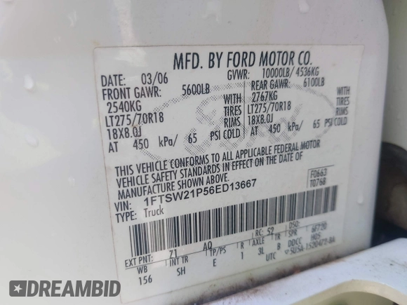 2006 Ford F-250 XL z VIN 1FTSW21P56ED13667, wystawiony jako IAAI lot #42108168 z przebiegiem 175 075 mil mil oraz . Historia ofert i sprzedaży dostępna na DreamBid. Obrazek 9.