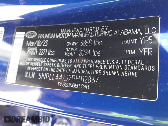 2023 Hyundai Elantra SE with VIN 5NPLL4AG2PH112867, listed as a IAAI auction lot 42541353 with 11,471 mi miles and . Bid and sale history available at DreamBid. Image 9.