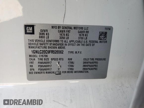 2015 Chevrolet Tahoe Commercial with VIN 1GNLC2EC9FR526562, listed as a Copart auction lot 60940365 with 115,346 mi miles and Salvage title. Bid and sale history available at DreamBid. Image 14.