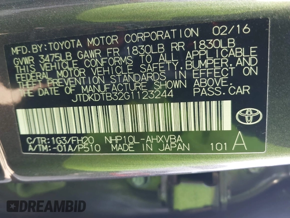 2016 Toyota Prius One with VIN JTDKDTB32G1123244, listed as a IAAI auction lot 41613487 with 81,682 mi miles and . Bid and sale history available at DreamBid. Image 9.