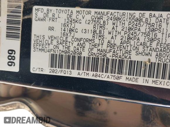 2013 Toyota Tacoma with VIN 3TMMU4FN1DM062090, listed as a IAAI auction lot 41572140 with 246,070 mi miles. Bid and sale history available at carsss.com. Image 9.